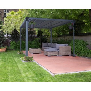 Canopia Gartenpavillon Milano 3.1 x 3.1 Anthrazit mit Sitzgruppe im Garten.