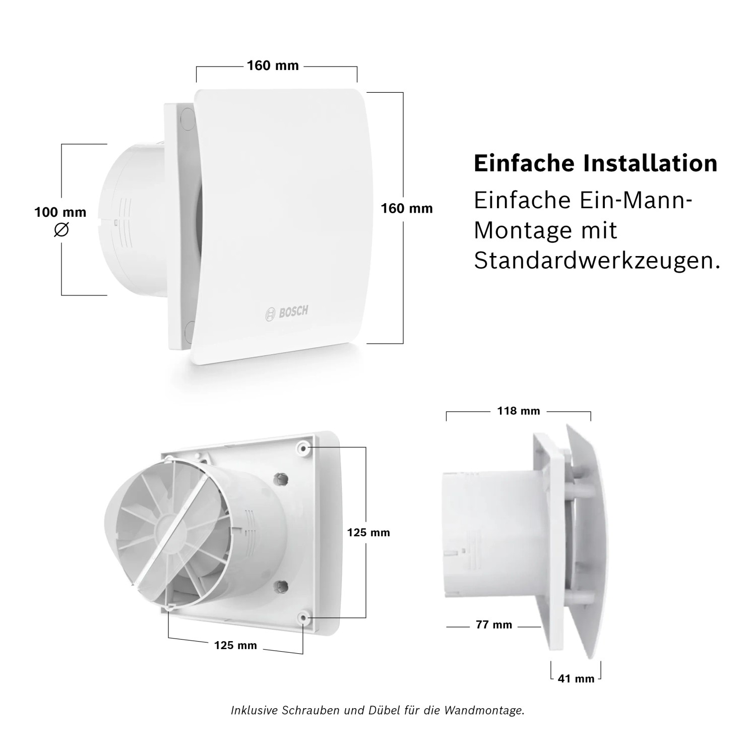Weißer Bosch Badventilator Fan 1500 W 100 mit Maßangaben für die Wandmontage.
