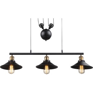 Schwarze Globo Pendelleuchte LENIUS mit drei altmessingfarbenen Akzenten und höhenverstellbarer Aufhängung.