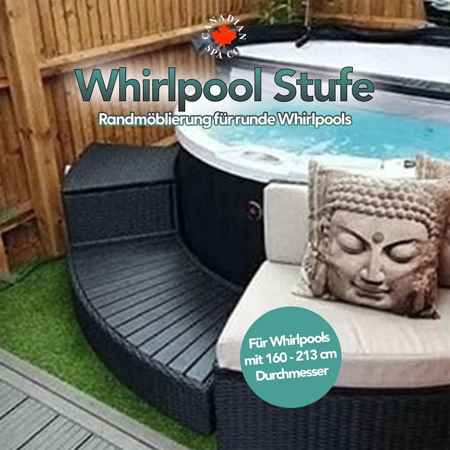 Braune Canadian Spa Stufe für runde Whirlpools, gefertigt aus wetterfestem Rattan.