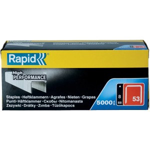 Rapid Tackerklammern 53/8 mm, 5000 Stück, in gelber Verpackung.