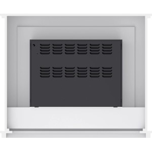Rückseite des Elektrokamins Moorhampton Fire. Schwarze Platte mit Lüftungsschlitzen im weißen Gehäuse für optimale Heizleistung.