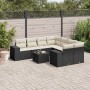 Schwarze 9-tlg. Garten-Sofagarnitur aus Polyrattan mit cremefarbenen Kissen und Tisch für Terrasse oder Garten.