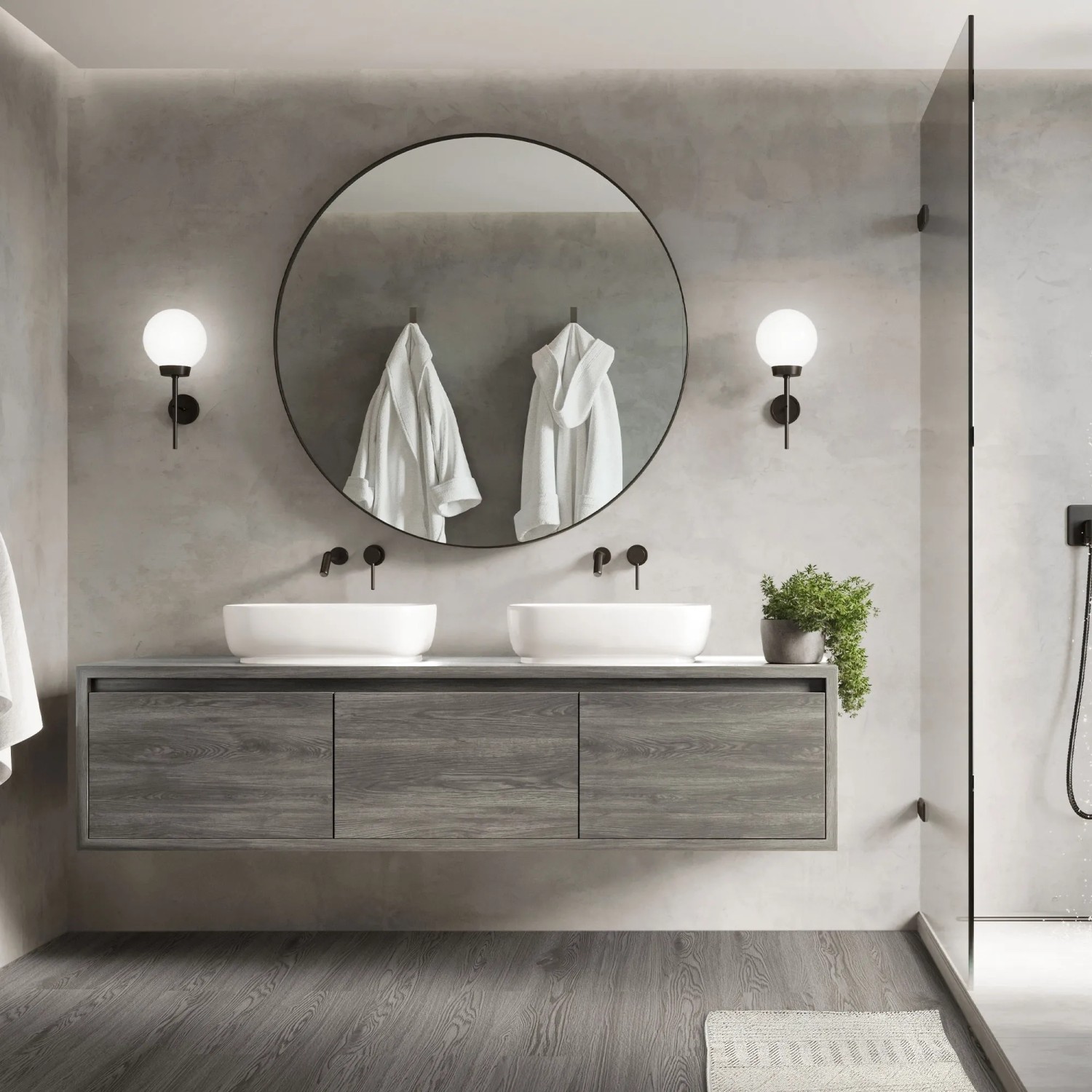 Modernes Bad mit ML-Design Vinylboden Eiche Grau, Doppelwaschbecken und rundem Spiegel.