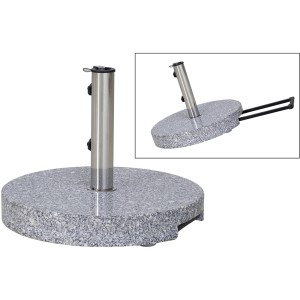 Siena Garden Schirmständer aus grauem Granit, 40 kg, mit Edelstahlrohr und Detailansicht mit Rollen.