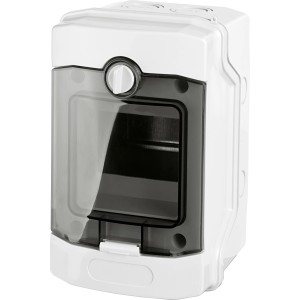 Aufputz Kleinverteiler mit transparenter Tür, 4 TE, 16x16x10,6 cm, für Elektroinstallation.