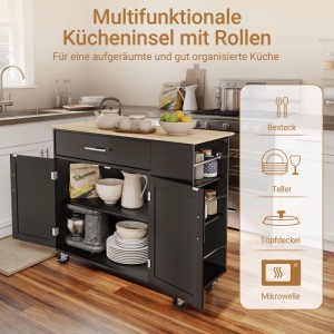 SoBuy Küchenwagen mit 3 Seitenablagen Kücheninsel mit Holzarbeitsplatte Servierwagen Schwarz 99x84,3x40 cm FKW133-SCH
