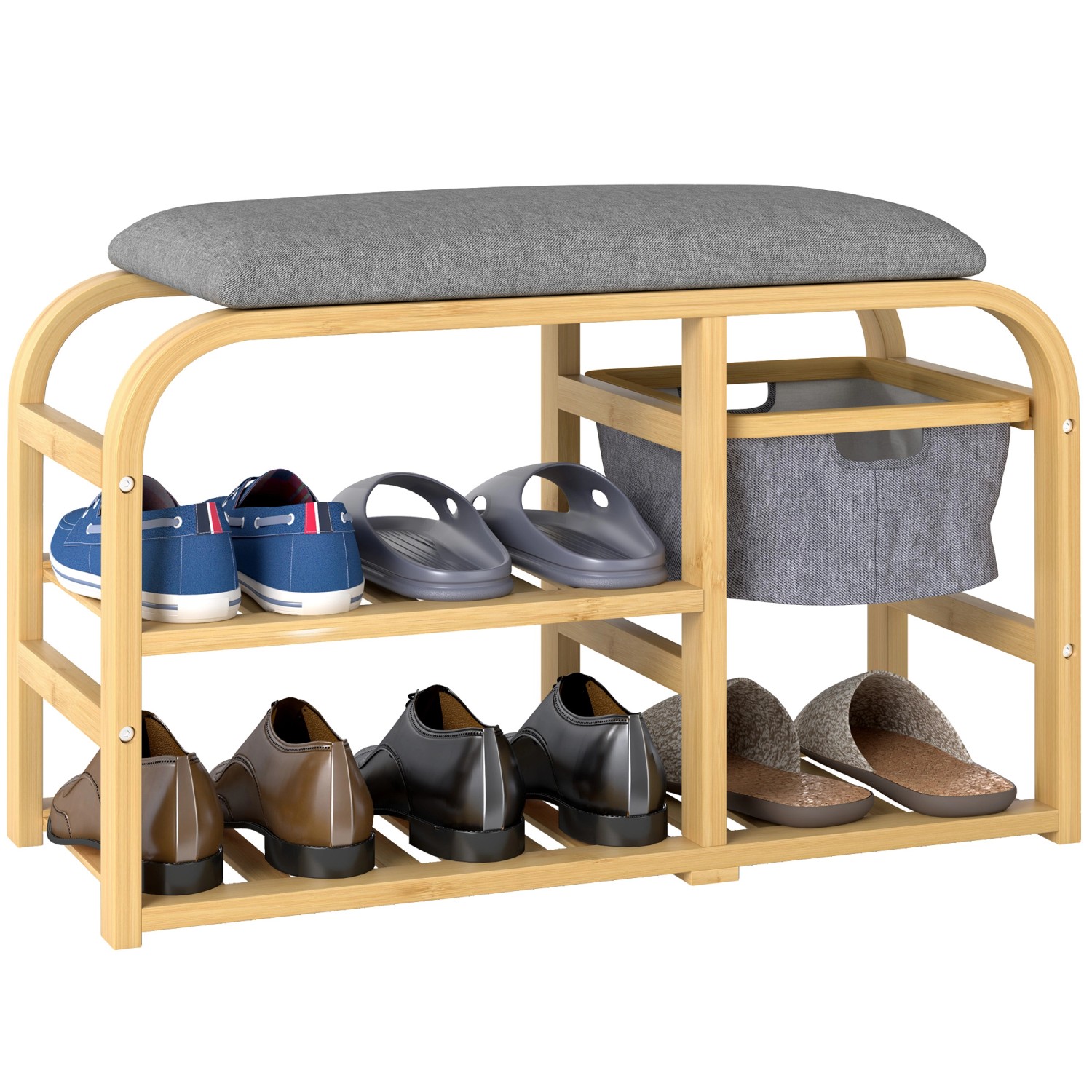 HOMCOM Schuhbank Bambus Polyester 70L x 30B x 45H cm Natur+Grau