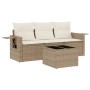 Beige 4-tlg. vidaXL Garten-Sofagarnitur aus Rattan mit Tisch und Kissen.