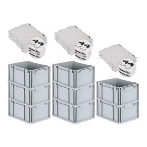 PROREGAL Spar Set: 8 graue Euroboxen mit Deckel, gestapelt. Ideal zur Aufbewahrung.