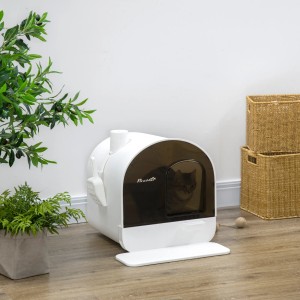 PawHut Katzentoilette mit Haube, weiß und braun, mit Katze im Inneren und Schaufel an der Seite.