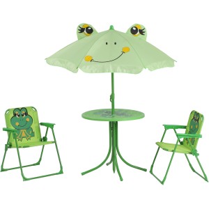 Gardamo Kinderset Froggy Grün: Tisch, Sonnenschirm und zwei Stühle mit Froschmotiv.