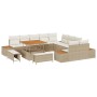 Beiges 13-teiliges vidaXL Garten-Sofa-Set aus Poly Rattan mit Tisch und Kissen.