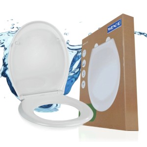Weißer WENKO WC-Sitz Ios aus Thermoplast mit Absenkautomatik, oval, neben brauner Verpackung. Leises Schließen.