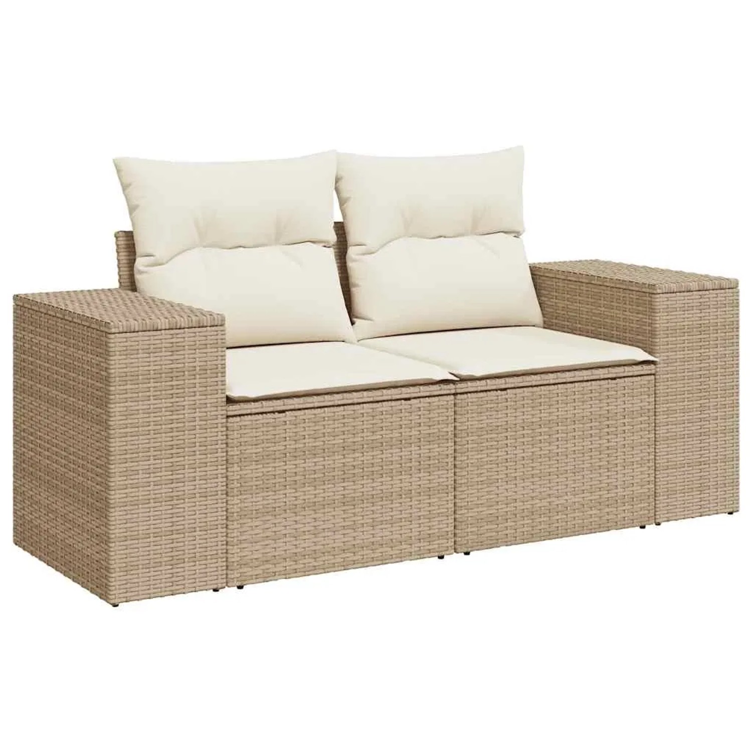 Beige 2-Sitzer Garten-Sofagarnitur aus Polyrattan mit cremeweißen Kissen.