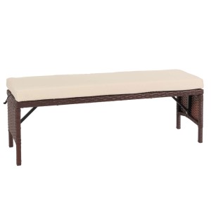 Braune Poly-Rattan Gartenbank mit creme-farbenem Kissen. Sitzbank für den Garten.