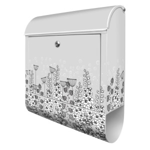 Weißer Banjado Design Briefkasten mit Wegesrand Motiv und Zeitungsfach.