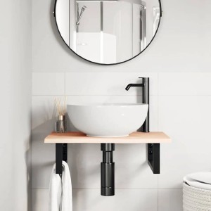 vidaXL Waschtischplatte mit Eiche Massivholz, schwarze Stahlhalterung, Aufsatzwaschbecken im Badezimmer.