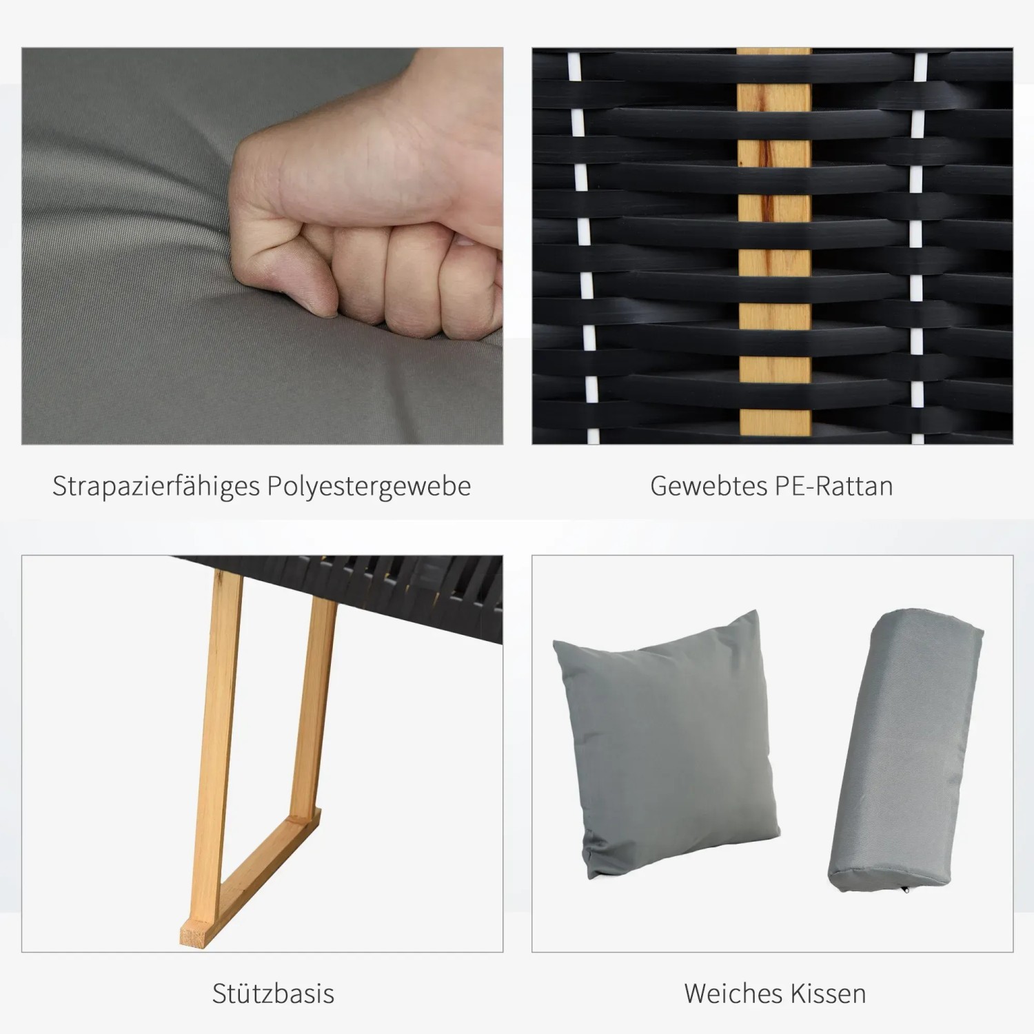 Details des hellgrauen Outsunny Strandkorbs: Polster, Rattan, Stützbasis und Kissen.