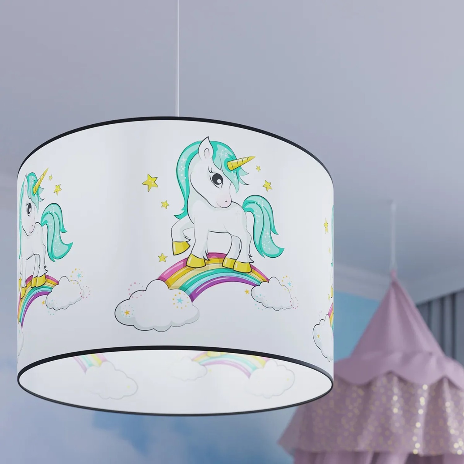 Sollux Lighting Hängeleuchte Unicorn 30: Kinderlampe mit Einhorn und Regenbogen Motiv.