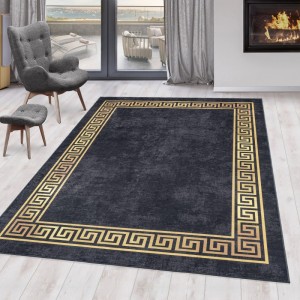 Ayyildiz Kurzflorteppich Fiesta 4305, schwarz, 80x150 cm, mit goldenem Mäandermuster.
