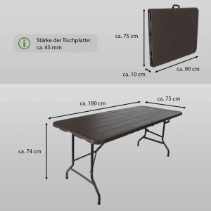 TRUTZHOLM Klapptisch 180x75 cm in Holzoptik, zusammengeklappt und aufgestellt mit Maßangaben.
