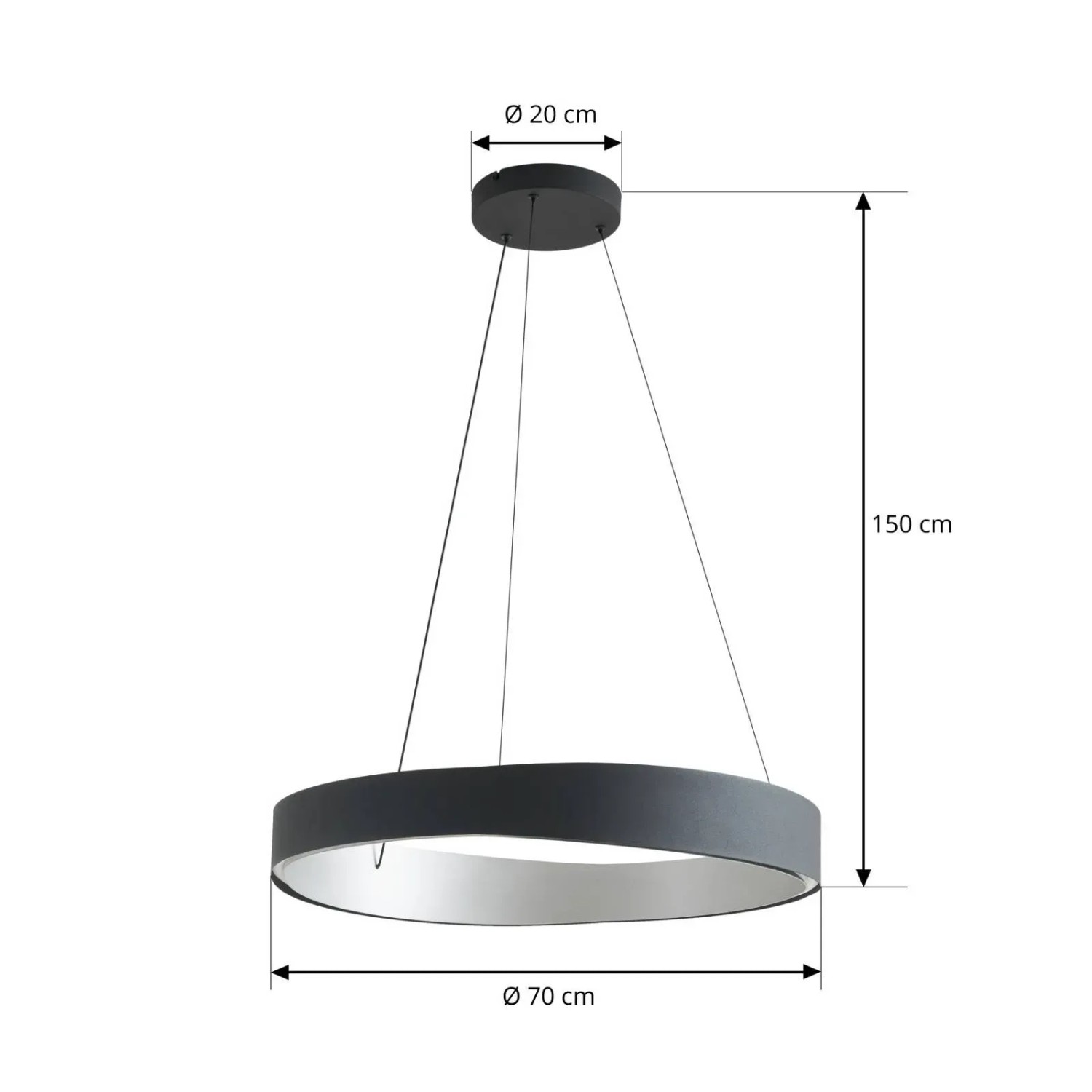 Moderne, dimmbare LED-Pendelleuchte Daelor in Schwarz, Ringform, 70 cm Durchmesser. Wohnzimmerleuchte.