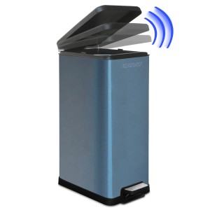 KARAT Mülleimer Zack, blau metallic, 15L, mit geöffnetem Deckel und Absenkautomatik.