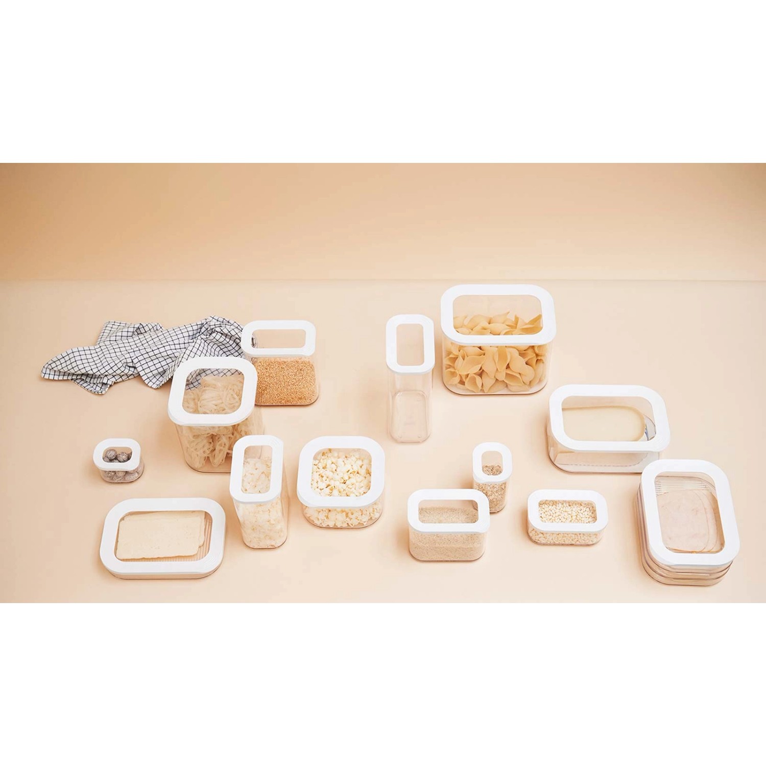 Mepal Modula Vorratsdosen-Set, 9-teilig, weiße Deckel, transparente Behälter, verschiedene Größen.