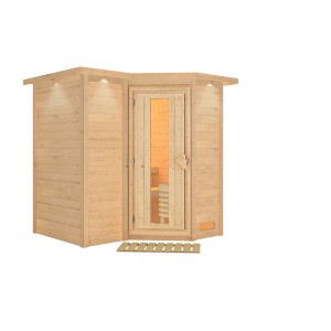 Woodfeeling Sauna Steena 1 aus Fichte, naturbelassen mit Dachkranz und Glastür.