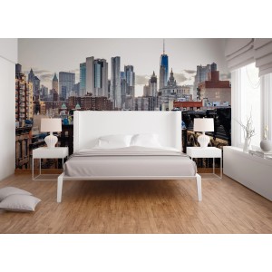 Fototapete New York in Braun, Grau, Weiß und Blau, Skyline im Schlafzimmer.