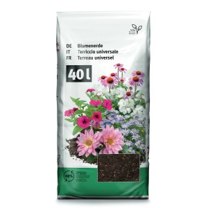 Sack Blumenerde Torffrei 40L mit Blumenmotiv, torffreie Universalerde für Garten und Balkon.