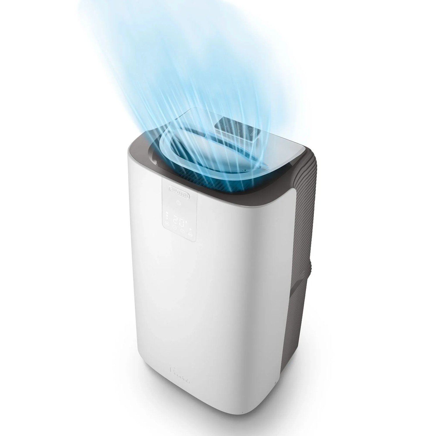 Weißes De'Longhi Klimagerät PAC-AP140i mit blauem Luftstrom. Mobiles Klimagerät für Räume bis 140 m³.