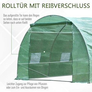 Grünes Foliengewächshaus mit aufgerollter Tür und Fenster für Tomaten und andere Pflanzen.