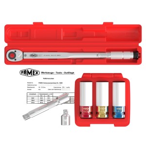 Famex Drehmomentschlüssel Set (30-210 Nm) mit Radmuttereinsätzen und Gelenk-Drehgriff im roten Koffer.
