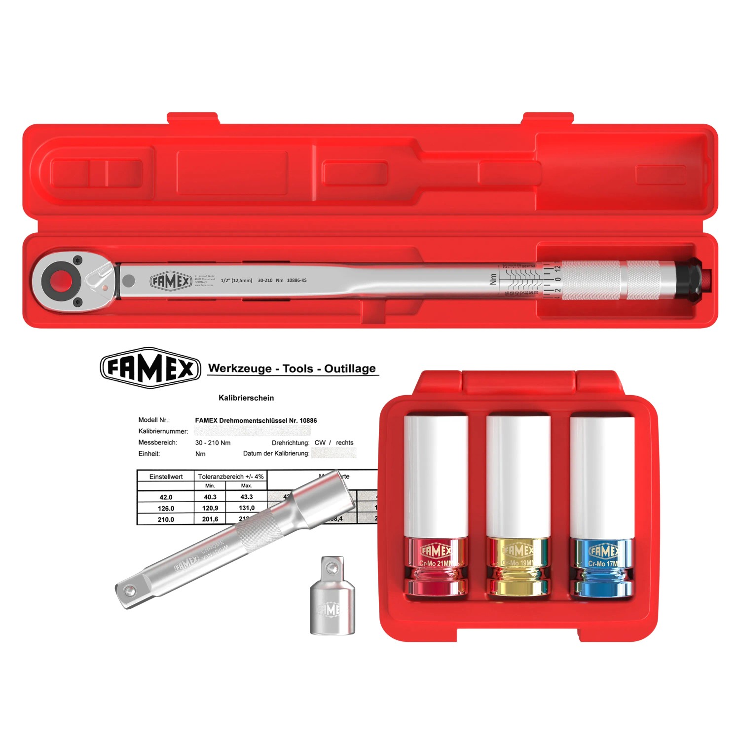 Famex Drehmomentschlüssel Set (30-210 Nm) mit Radmuttereinsätzen und Gelenk-Drehgriff im roten Koffer.