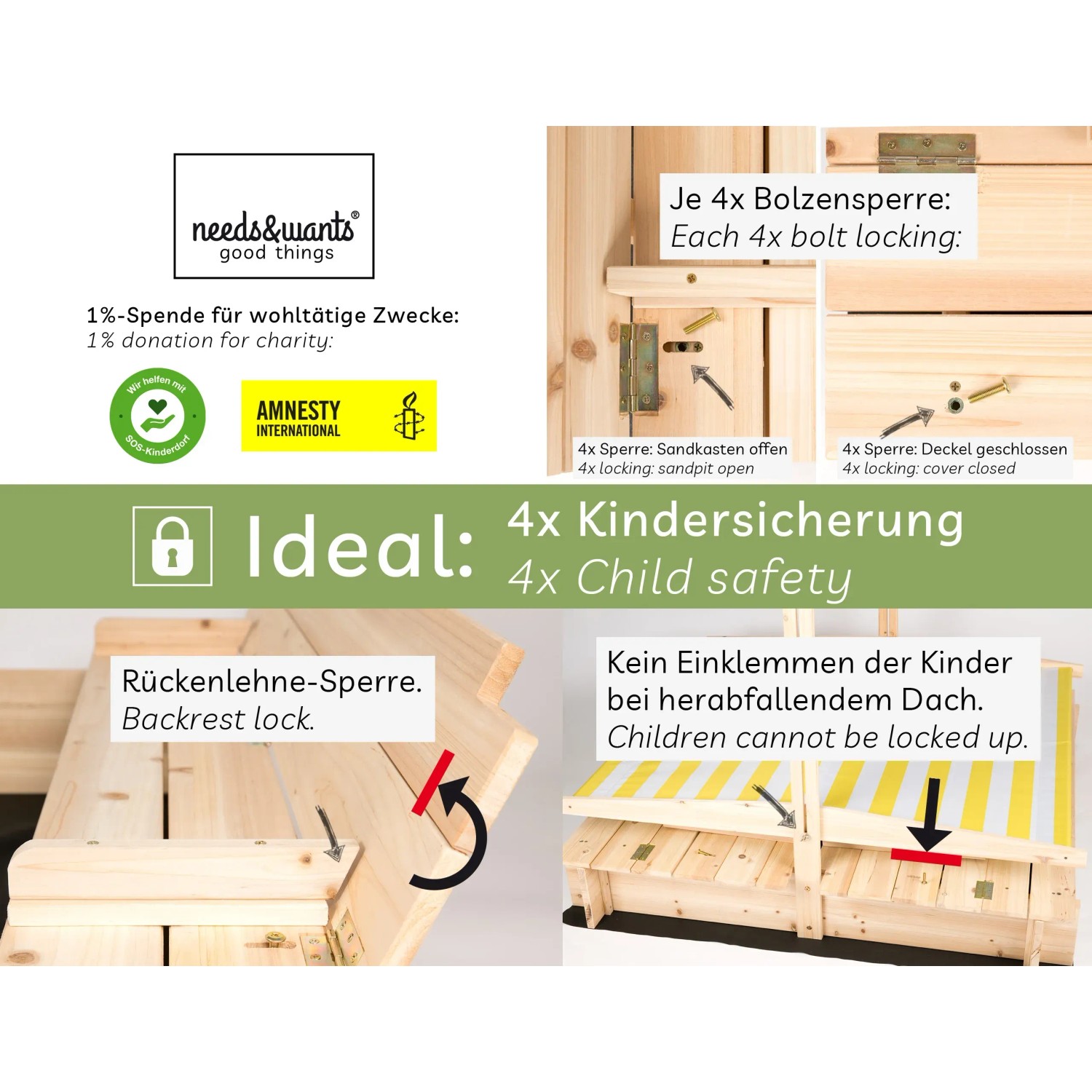 Details zur Kindersicherheit des Holzsandkastens mit Dach Sunplaya3 von needs&wants.