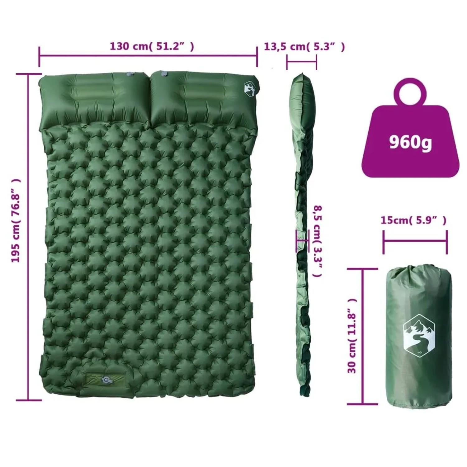Grüne Doppel-Isomatte mit Kissen, selbstaufblasend, für Camping & Outdoor. Inkl. Packsack und Reparaturflicken.