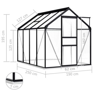 furnicato Gewächshaus, 4,75 m², Anthrazit, mit Fundament. Abmessungen und Detailansicht.