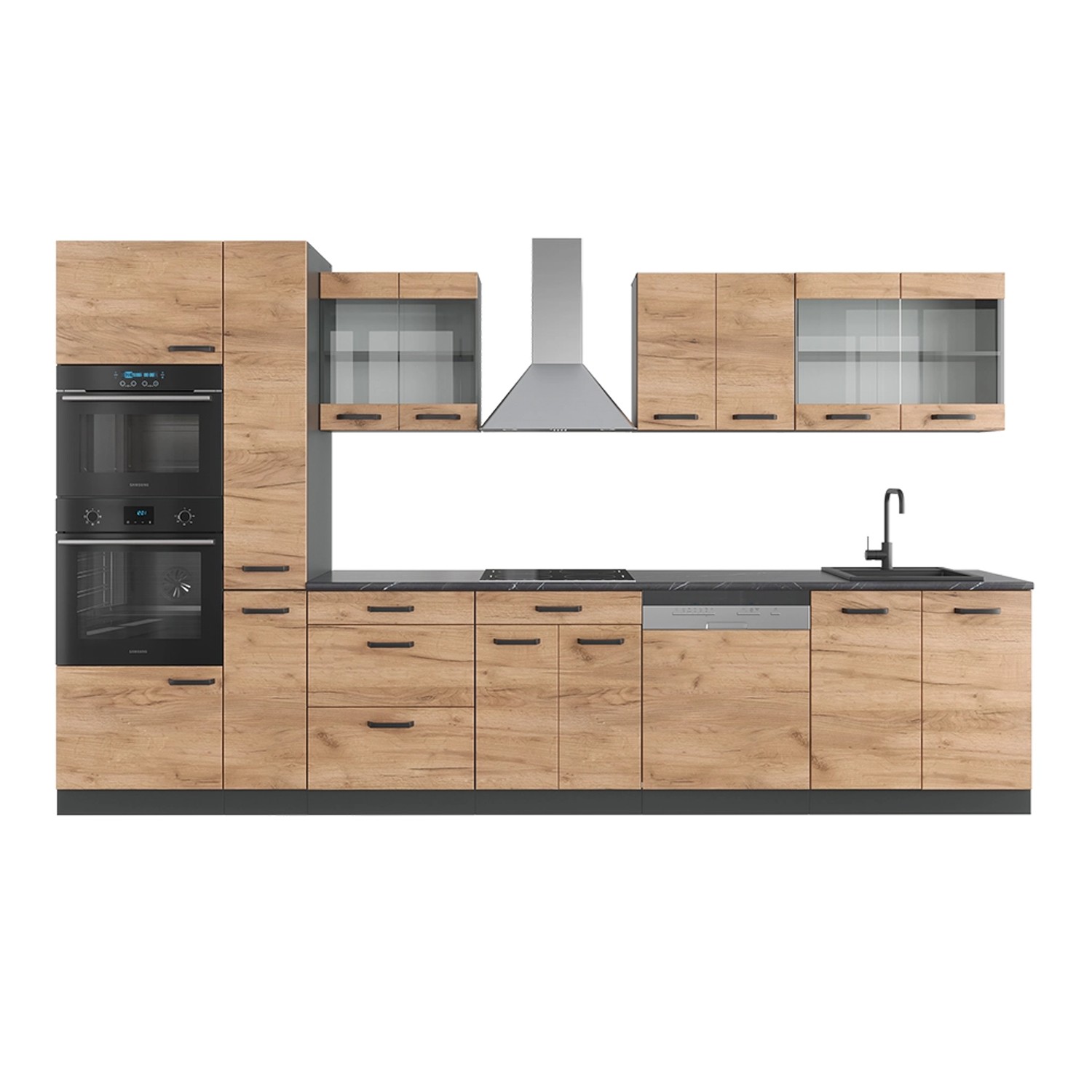 Vicco R-Line Küchenzeile Goldkraft Eiche/Anthrazit 350 cm mit Hochschrankoh günstig online kaufen