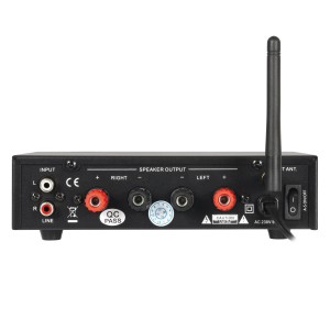 Rückseite des Dynavox CS-PA8 Mini-Verstärkers mit Anschlüssen für Audio und Lautsprecher.