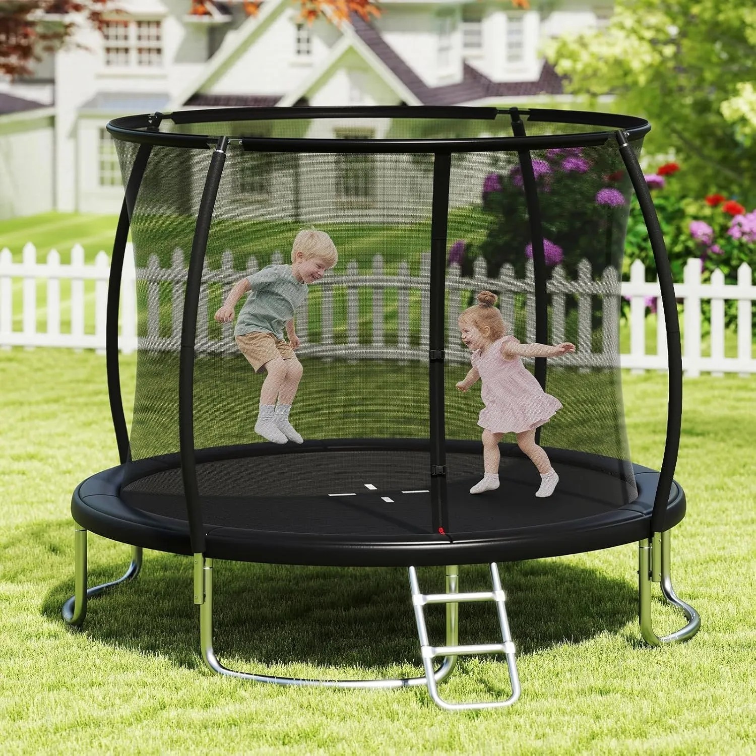 Schwarzes Costway Gartentrampolin (Ø366cm) mit zwei Kindern beim Springen.