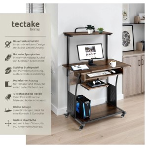 Tectake Schreibtisch Fife im Industrial Style mit Holz- und Stahl-Elementen, Ablagen und Rollen.