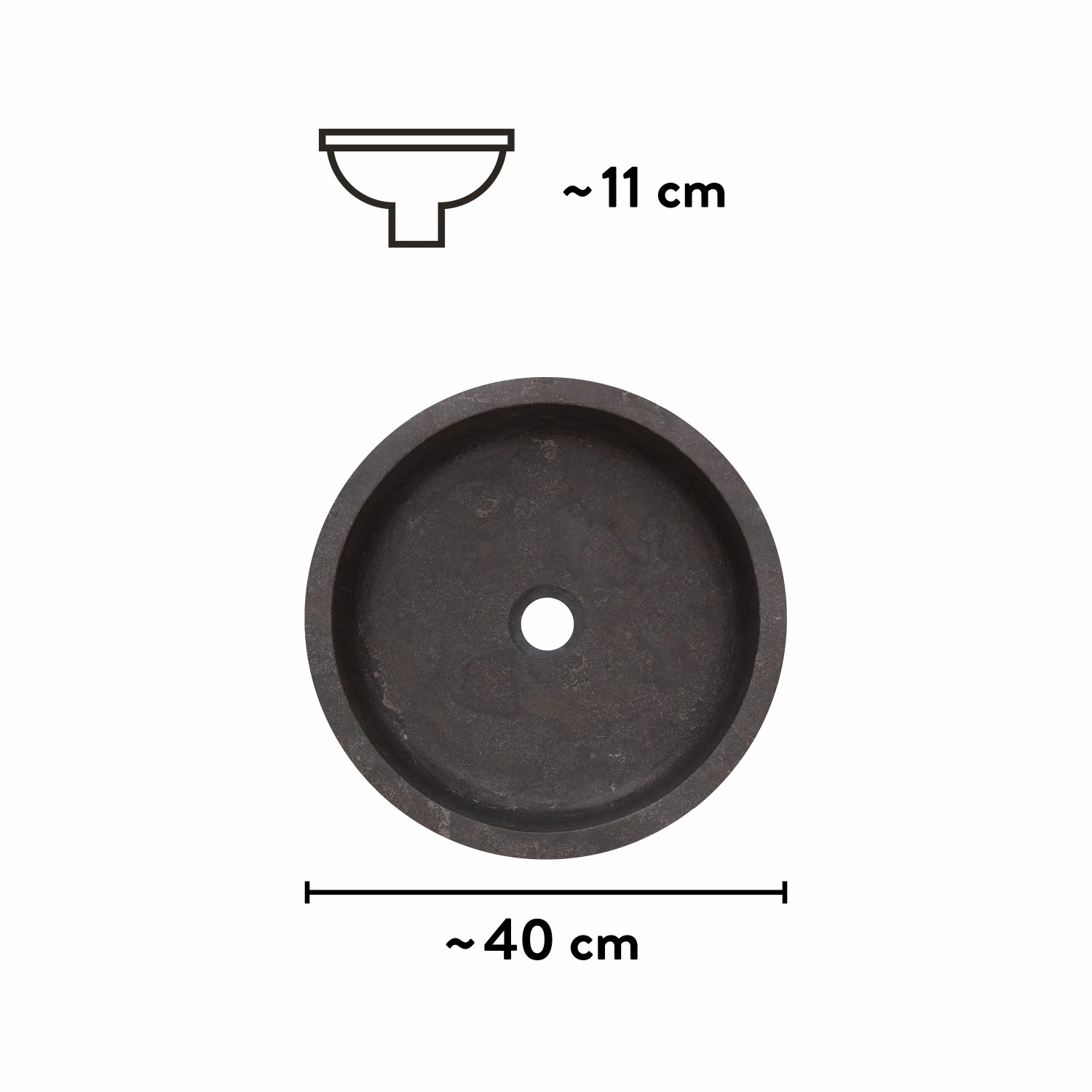 Rundes baliv Aufsatzwaschbecken WBA-7070 aus dunklem Naturstein, Ø 40 cm.