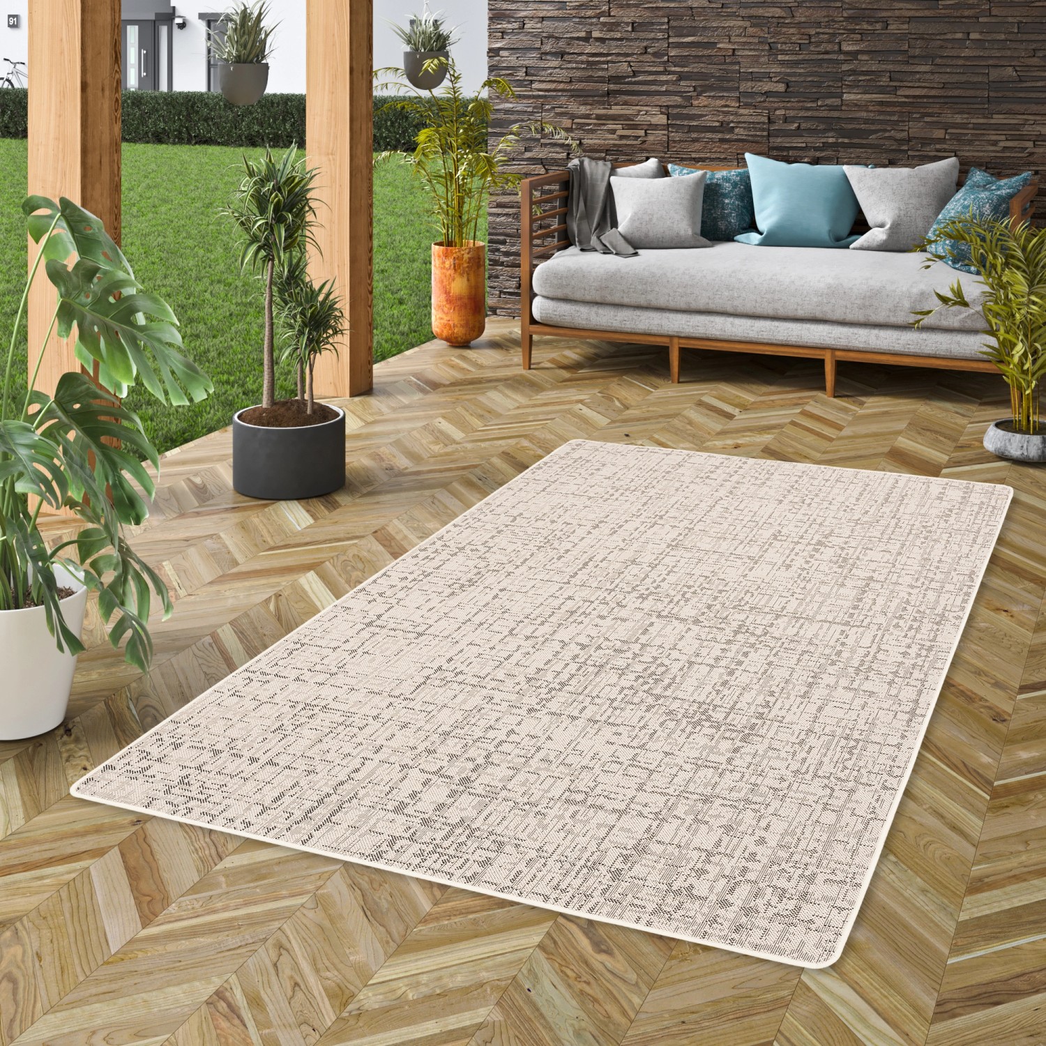 Snapstyle In & Outdoor Teppich Oslo, creme-schwarz meliert, 160x160 cm. Flachgewebe-Design für Innen- und Außenbereiche.