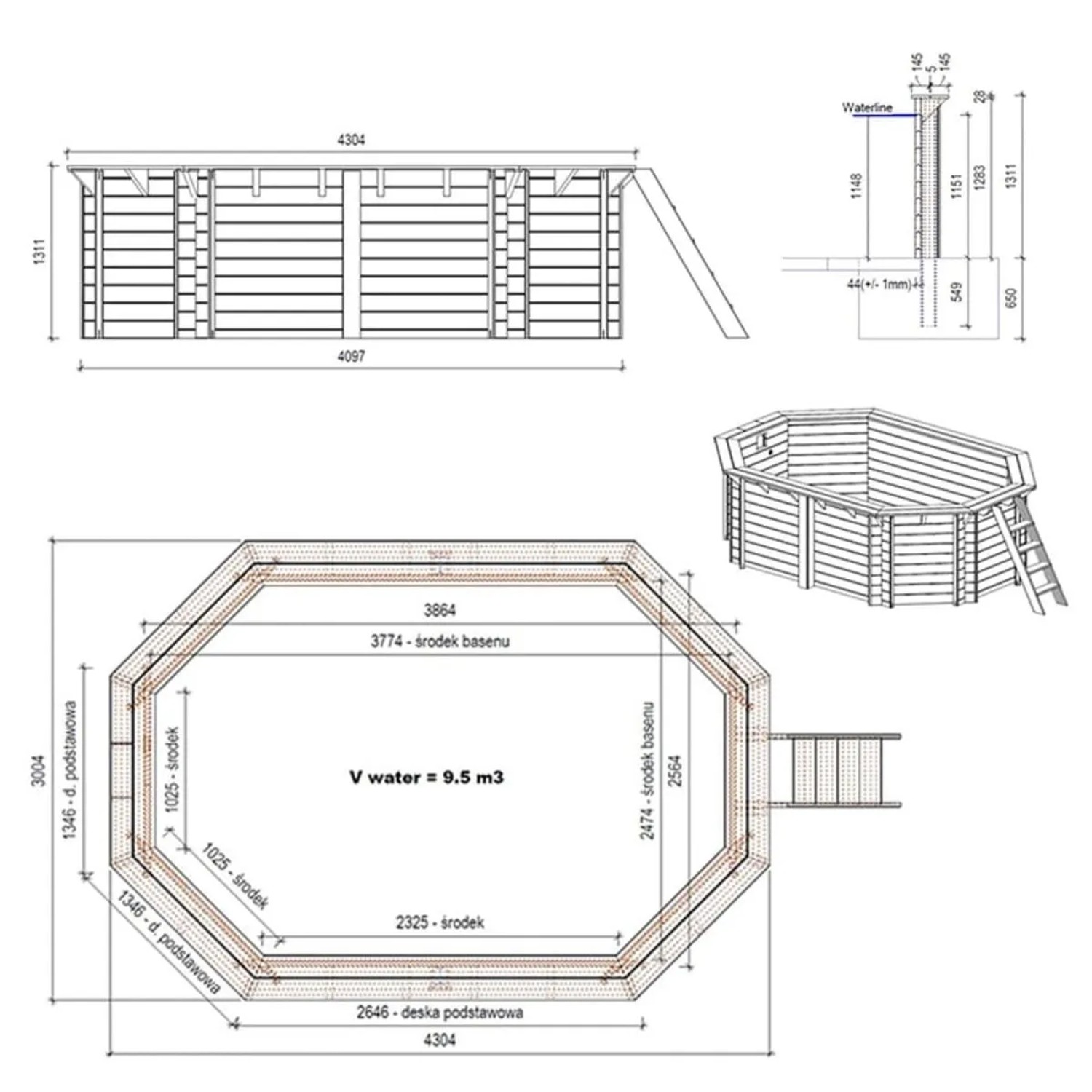Technische Zeichnung: ALTANKA Holzpool Nemo 4,3x3 m, Höhe 1,31 m, Details zu Abmessungen und Aufbau.