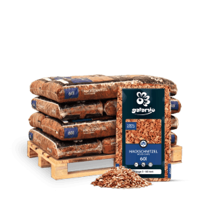 Orange Galamio Holzhackschnitzel, 12 Säcke auf Holzpalette, mit losem Mulch. 60l Gartenmulch.
