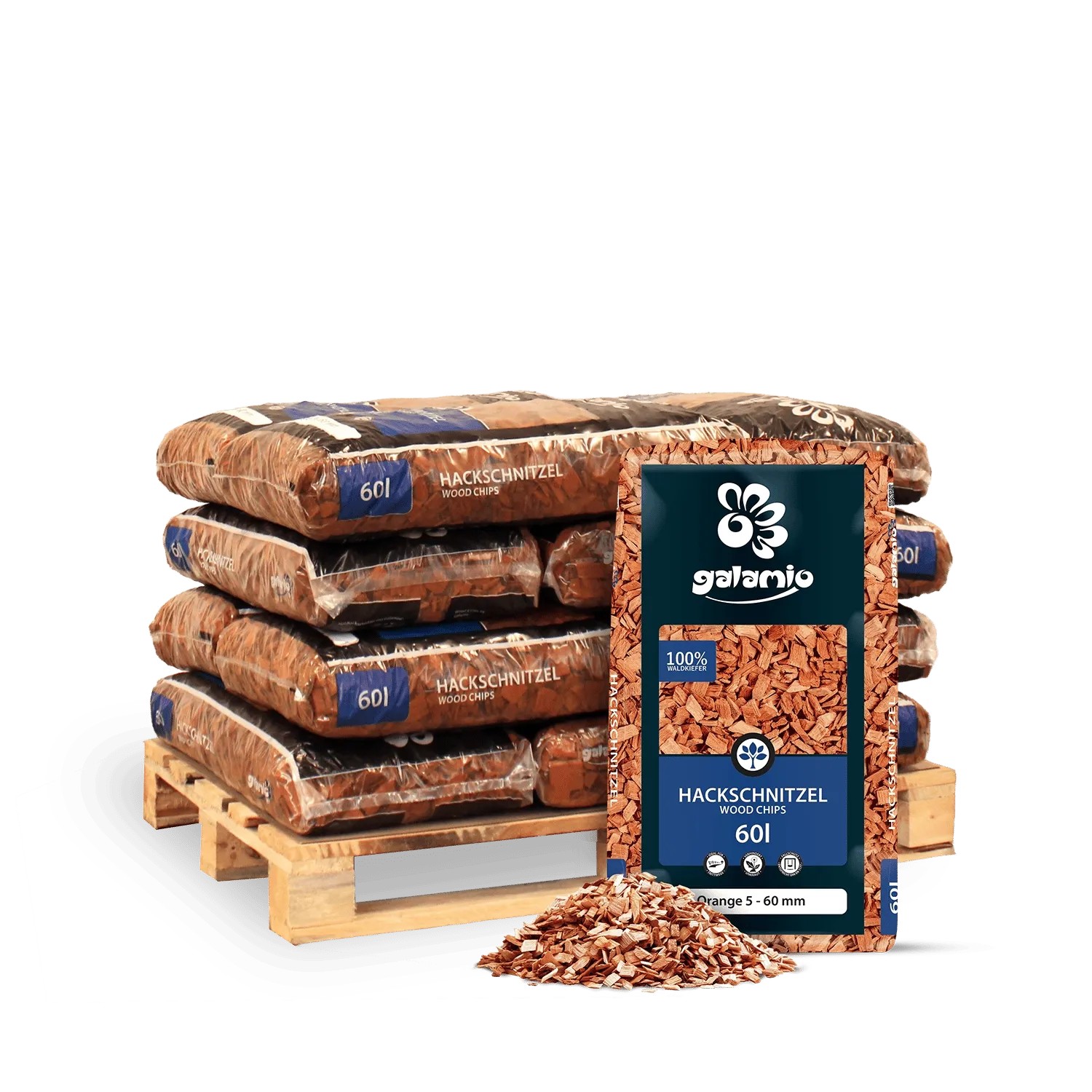 Galamio Holzhackschnitzel Orange 60l x 12 Sack 720l 12er Palette