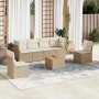 Beige 7-tlg. Garten-Sofagarnitur aus Rattan mit Kissen. Gartenmöbel-Set mit Sofa, Sesseln und Tisch.