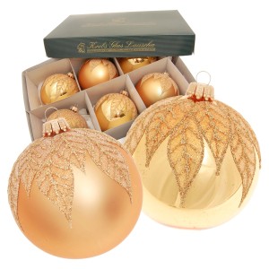 Krebs Glas Lauscha Weihnachtskugeln, 6-tlg., goldene Blätter, 8cm. Christbaumkugeln im Set.
